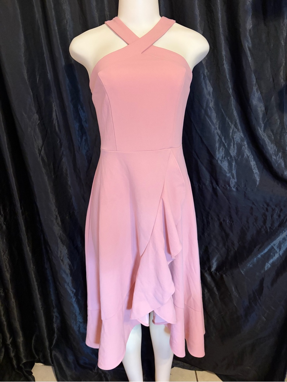 Cross-Neck Asymmetrical Midi Dress in Blush Pink